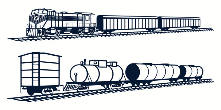 Collection of freight trains and cargo rail transport silhouettes with railroad transport transportation locomotive silhouette isolated industry