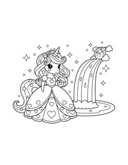 Fototapeta premium Cute Unicorn Princess Standing Beside a Rainbow Coloring Page – Printable Black and White Outline Educational Worksheet for Kids