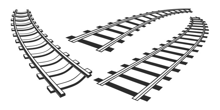 Two distinct curved railway track sections in perspective view isolated on white background with railroad perspective transportation infrastructure