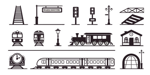 Railway and train transport vector icon set including locomotives and station infrastructure with railway track railway line railroad locomotive © Mamun