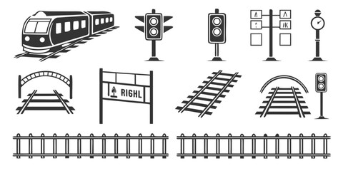 Monochrome railway icons set with tracks signals and train railroad transport transportation monochrome illustration locomotive infrastructure © Mamun