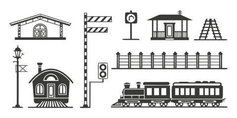 Train station and railway infrastructure icon set for transport design with railway track railway crossing railroad infrastructure locomotive © Mamun