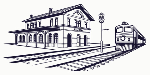 Modern passenger train entering small rural train station platform illustration with line art platform locomotive railroad transportation © Mamun