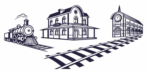 Fototapeta premium Classic steam engine train and vintage railway station building line art graphic with locomotive railroad architecture building transportation
