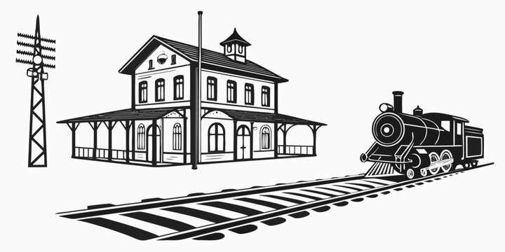 Vintage steam locomotive approaching small country railway station black and white vector illustration with steam engine old fashioned line art
