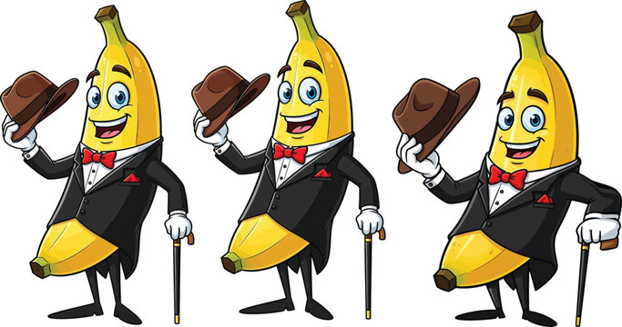 Cartoon banana gentleman character wearing a tuxedo and holding a hat and cane with gentleman character anthropomorphic illustration isolated background whimsical creative personification