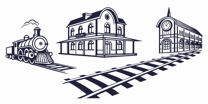 Classic steam engine train and vintage railway station building line art graphic with locomotive railroad architecture building transportation