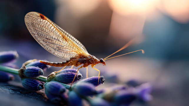 Lacewing on Lavender Sprig, Sunlit Serenity