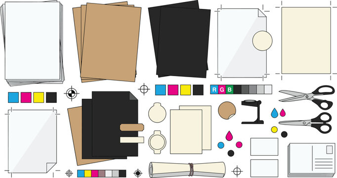 Print House Stationery Mockup Vector Set with Paper Sheets, CMYK Color Bars, Registration Marks, Scissors, and Crop Guides for Printing Production Designs