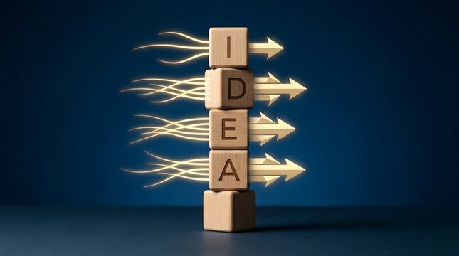 Wooden blocks with the word idea and arrows pointing right on a dark blue background for business