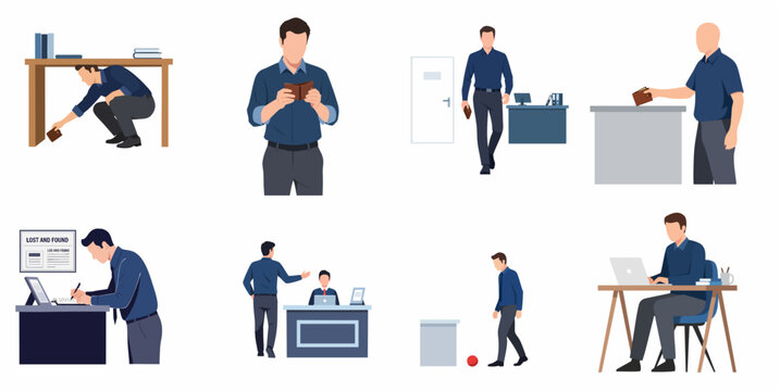 Flat vector illustration of a man finding a lost wallet and returning it to the office lost and found department, demonstrating honesty and integrity in the workplace.