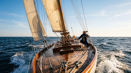Naklejka premium Wide shot of sailboat with full sails crossing open ocean under blue sky