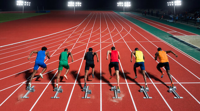 Six sprinters in colorful jerseys launching from starting blocks on illuminated track