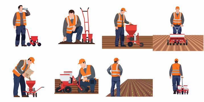 Set of Farmer Characters Using Manual Seed Sower Machines and Planting Seeds in Agricultural Field Vector Illustration