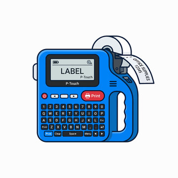 A blue P-Touch label maker with a keyboard, screen displaying LABEL, and a roll of tape printing OFFICE SUPPLIES 12345.