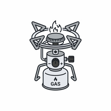 A cartoon-style portable camping gas stove with a lit flame on top, supported by a gas canister. It features pot supports and a control knob, ideal for outdoor cooking.