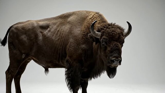 Majestic Bison Bull Shaking Its Head In A Neutral Studio Environment, Showcasing Its Shaggy Fur And Strong Physique