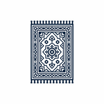 An intricate dark blue icon of a rectangular oriental rug with a central floral mandala design and geometric borders, featuring fringes on top and bottom, against a white background.