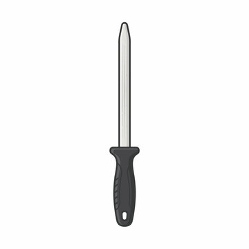 A cartoon-style illustration of a honing steel with a black handle and a ribbed, metallic rod. It is depicted against a white background.