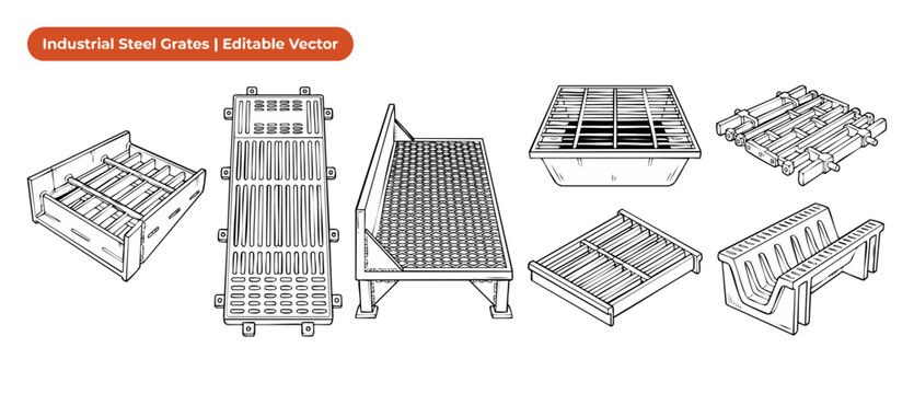 Industrial steel drainage grates vector set containing metal trench covers, floor safety grates, and heavy duty iron stormwater gully systems. Detailed technical line art schematics for design project