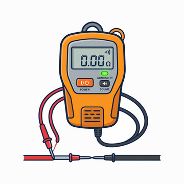 Flat illustration of an orange digital multimeter testing electrical continuity between two wires. The device shows a 0.00 ohm reading and a green status light on a plain white background.