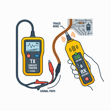 Vector illustration of an electrical circuit tracer with a transmitter (TX) and receiver (RX) used to trace a wire and find a signal path in an electrical system or circuit board.