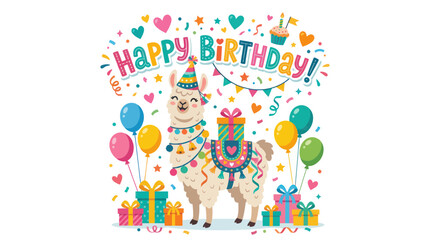 Happy birthday greeting card with cute llama and colorful gifts © role