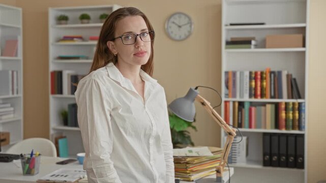Woman with crossed arms and glasses standing by a desk piled with files and folders in building office with bookshelves, lamp and clock visible; quiet contemplation.