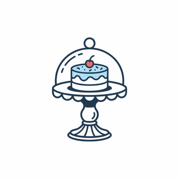 A minimalist illustration of a frosted cake with a cherry on top, presented on a decorative cake stand beneath a glass dome.