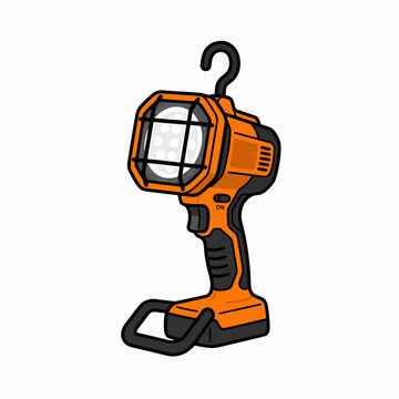 A bright orange portable LED work light with a hook and base stand, perfect for illuminating dark spaces.
