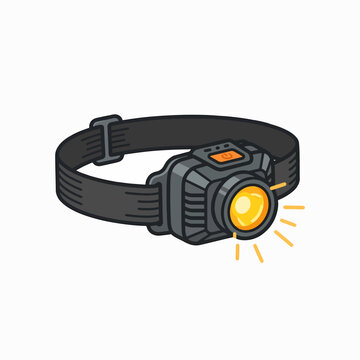 A cartoon illustration of a black headlamp with an illuminated yellow lens and an adjustable strap.