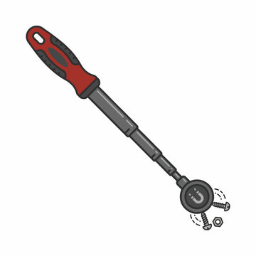 A magnetic pickup tool with a red and black handle, extended shaft, and a circular magnet attracting screws and nuts.