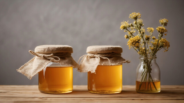 Glass jars filled with natural organic honey displayed on a rustic wooden table in warm golden sunlight. Premium raw honey