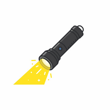 A cartoon-style black flashlight emits a bright yellow beam with sparkling light effects, isolated on a white background.