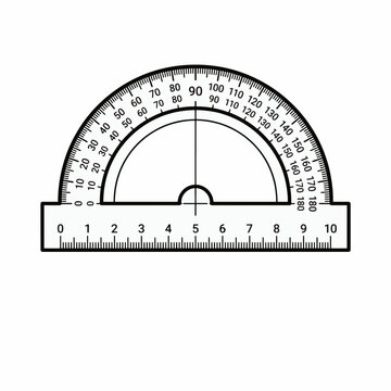 A 180-degree protractor with a ruler along the base, showing markings for measuring angles and lengths.