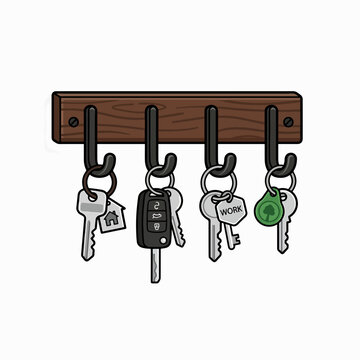 A wooden key rack with four hooks holds four different keychains. Two keys are for a car, one for home, and one labeled work.