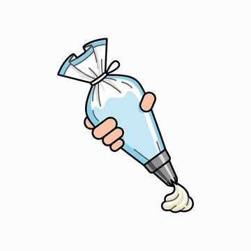 A cartoon hand holds a piping bag, squeezing frosting onto a surface. The bag is clear plastic with a silver tip, and the frosting is white.