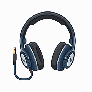Cartoon illustration of blue over-ear headphones with a black headband and cord, connected to a gold audio jack.