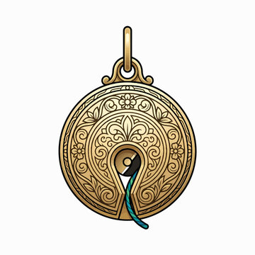 Ornate gold locket with floral patterns and a keyhole, a blue and green thread emerging.
