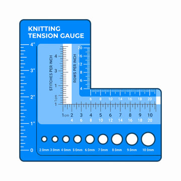 A blue knitting tension gauge tool with rulers in inches and centimeters, stitch and row counts, and needle size holes.
