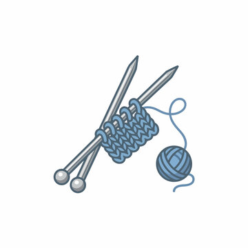 Knitting needles, light blue yarn, and a small swatch of knitted fabric, all depicted in a clean, simple cartoon style on a white background.