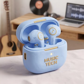 Modern Wireless Earbuds Case with Music Tech Logo, Guitar and Laptop Background