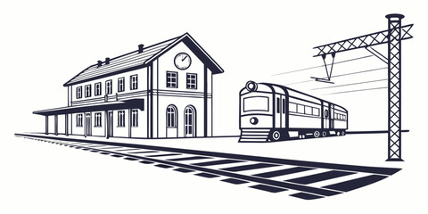 Graphic illustration of a classic train station platform with a passenger train waiting at the tracks platform transportation locomotive building © Sp
