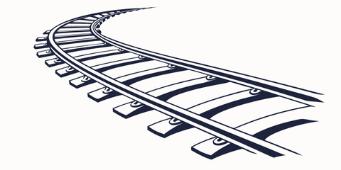 Curved railroad tracks graphic illustration showing a railway path perspective with transportation illustration monochrome isolated background © Sp