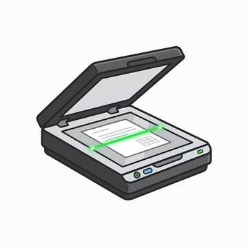 A flatbed scanner is open with a document inside, a green light bar scanning the page, suggesting digitization and data capture.