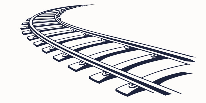 Curved railroad tracks graphic illustration showing a railway path perspective with transportation illustration monochrome isolated background