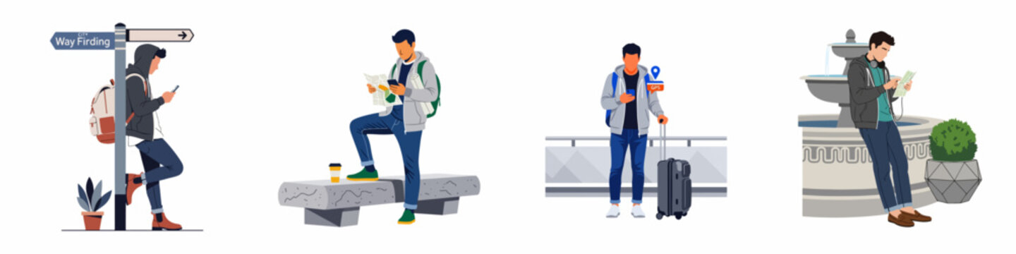 Modern male traveler flat vector illustration set, exploring city using maps and smartphone navigation in various urban locations.