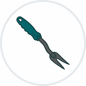 A cartoon-style illustration of a gardening hand trowel, with a teal handle and a two-pronged metal end, set against a white circular background.