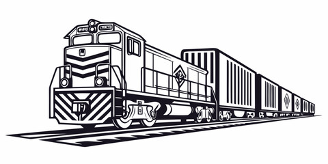 Heavy duty industrial freight train with cargo containers sketch rail car locomotive shipping logistics transportation railroad industry © Sp