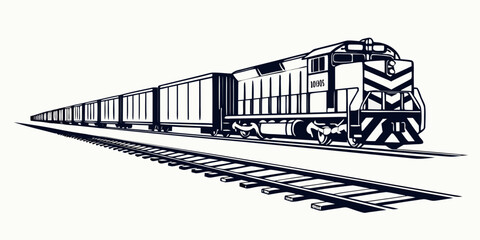 Long freight train traveling on tracks vector line drawing with locomotive railroad transport transportation industry logistics shipping © Sp